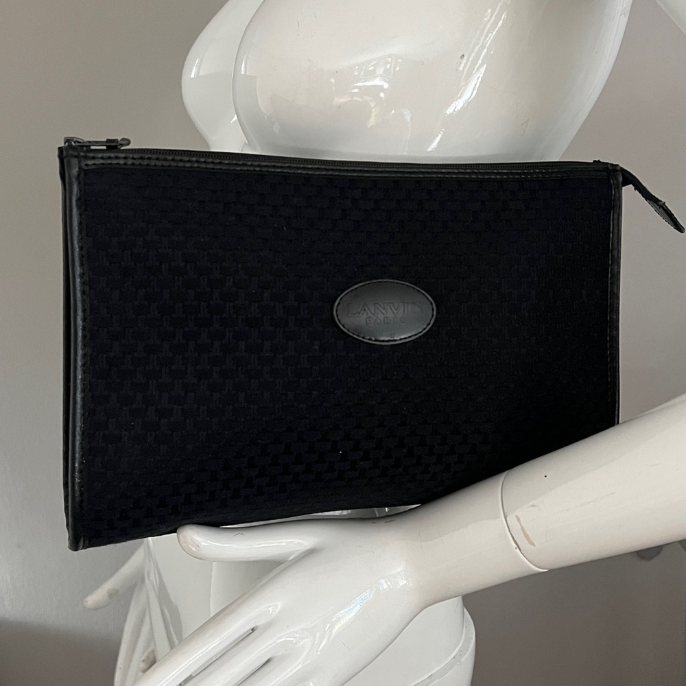 Lanvin Vintage Large Zip Top Clutch Bag Black Woven Exterior Made in France